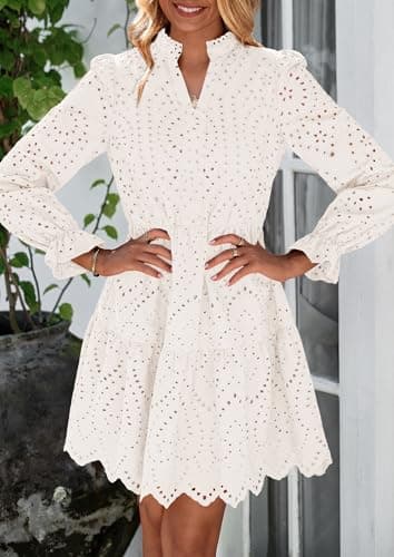 PRETTYGARDEN Women's Spring 2025 Long Puff Sleeve Mini Dress Hollow Out Lace V Neck A Line Ruffle Casual Party Dresses (White,Small) - Image 7