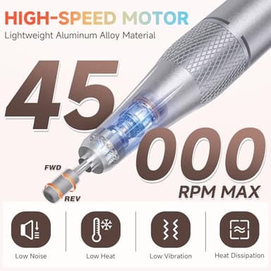 Nail Drill, Portable Electric Nail File 45000RPM, Rechargeable Nail Drill Professional with Bits & Base, for Acrylic Gel Nails, E-File Machine, Manicure Polishing, for Salon Home, White - Image 3