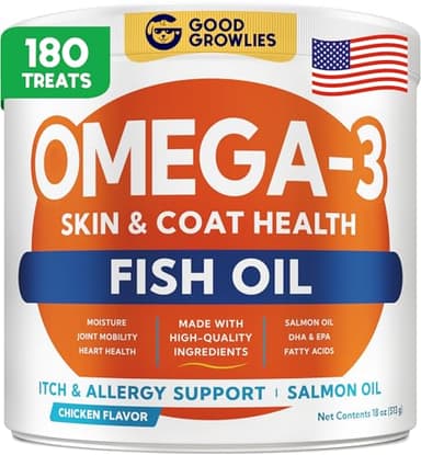 Omega 3 Fish Oil for Dogs (180 Ct) - Skin & Coat Chews - Dry & Itchy Skin Relief + Allergy Support - Shiny Coats - EPA&DHA Fatty Acids - Natural Salmon Oil Chews Promotes Heart, Hip & Joint Support - Image 1