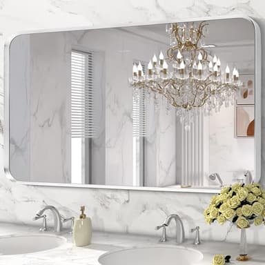Minuover Brushed Nickel Bathroom Wall Mirror, Silver Metal Framed Large Rounded Corner Rectangle Mirror, Tempered Glass, Shatter Proof, Hangs Horizontally or Vertically (28" x 60", Silver) - Image 4