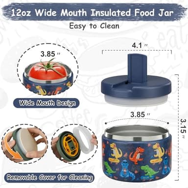 Pawtong 12oz Insulated Vacuum Food Jar with Buckle Lid Wide Mouth Soup Thermo for Hot Food Kids Leakproof Stainless Steel Lunch Container (Blue-Dinosaur) - Image 3