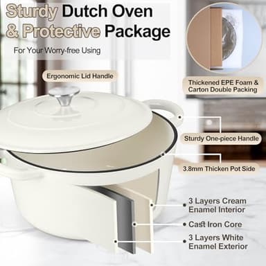 P&P CHEF 7QT Enameled Dutch Oven, Cast Iron Dutch Oven Pot with Lid for Bread Baking, Enameled Casserole Pot for Roasting Braising Stewing Frying Simmering, Various Stoves & Easy Clean, White - Image 3