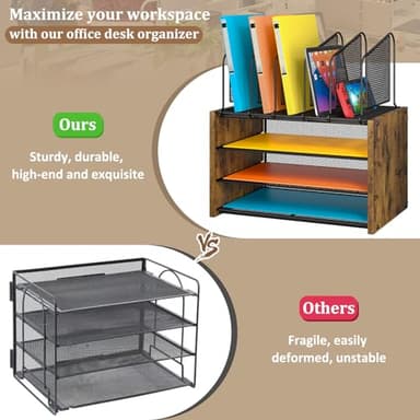 4-Tier Desk Organizer, Desk File Organizer with 5 Vertical File Holders, Office Desktop Organizer with 3 Level Paper Organizer Letter Tray, Wooden Desk Organizers and Accessories for Home Office - Image 6