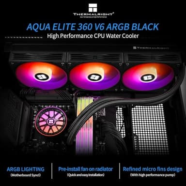 Thermalright Aqua Elite 360 V6 ARGB Black CPU Liquid Cooler, 360 Cooling Row Size,3x120mm Water Radiator,AMD: AM4/AM5,Intel LGA115X/1200/2011/1700/1851, AIO CPU Cooler - Image 2