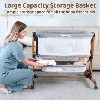 Ezebaby 3-in-1 Baby Bassinet, Rocking Baby Bassinets Bedside Sleeper, Adjustable Portable Crib for Newborn Infant with Wheels Storage Basket and Mesh Sides - Image 5