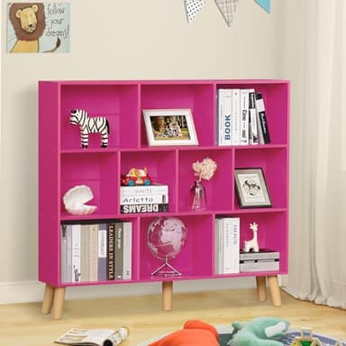 LEYAOYAO 10 Cube Bookshelf,3 Tier Modern Wide Bookcase with Legs,Mid-Century Wood Bookshelves Storage，Pink Large Book Case,Freestanding Organizer Display Shelf for Bedroom,Living Room,Office - Image 7