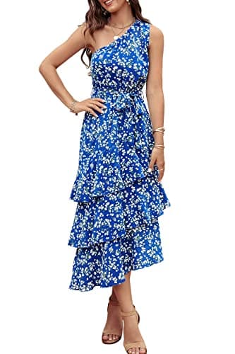 PRETTYGARDEN Women's Summer Floral Sundress Casual One Shoulder Tiered Ruffle Flowy Midi Beach Boho Dresses (Floral Royal Blue White,Small) - Image 1