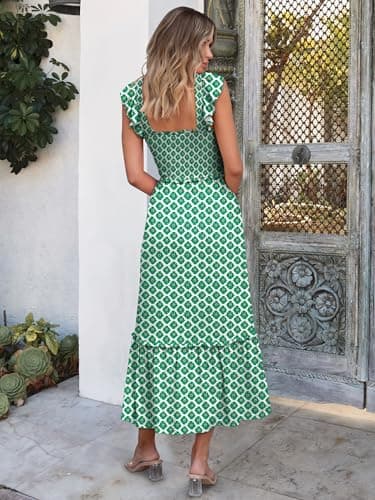 ANRABESS Womens Summer Sleeveless Maxi Dress Square Neck Smocked Boho Casual Ruffle Strap Flowy A-Line Long Beach Sundress Green Floral Medium - Image 5