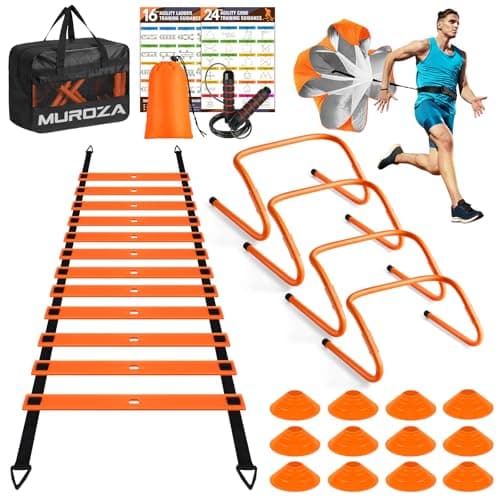 Agility Ladder, Speed Training Equipment Set, 20ft Agility Ladder, 12 Soccer Cones, 4 Hurdles, Jump Rope, Running Parachute, Basketball Football Soccer Training Equipment for Kids, Youth, Adults - Image 1