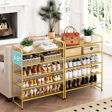 SUFAUY 33" Wide Shoe Rack, 5-Tier Shoe Storage Rack for 24-30 Pairs of Shoes, Mesh Shoe Organizer for Entryway Closet, Steel Frame, Industrial, Gold - Image 2