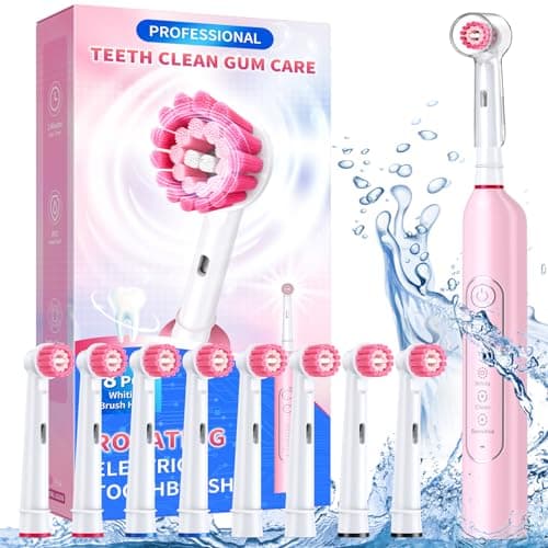 TEETHEORY Rotating Electric Toothbrush for Adults with 8 Brush Heads, Deep Clean Rechargeable Electric Toothbrush with 4 Modes and 2 Min Smart Timer, Last 30 Days and IPX7 Waterproof Pink - Image 1
