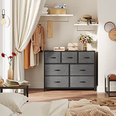 WLIVE 7 Drawer Dresser TV Stand, Entertainment Center, Media Console Table with Metal Frame and Wood Top for TV up to 45 inch, Chest of Drawers for Bedroom, Living Room, Dark Grey - Image 2