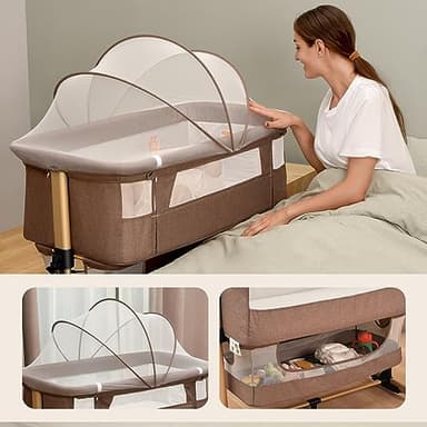 3 in 1 Baby Crib, Bassinet Bedside Crib Adjustable Portable Bed for Infant,Baby Newborn Must Have Bed,Khaki - Image 2