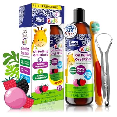 GuruNanda Kids Oil Pulling, Alcohol-Free Mouthwash, Essential Oils & Vitamins for Fresh Breath & Happy Gums for Ages 6 & up, Natural Bubble Berry, 8 Oz - Image 1