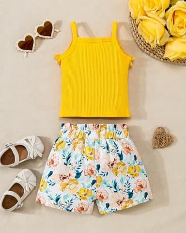 Kucnuzki 12 18 Months Little Girl Clothes Ribbed Tank Top Yellow Ruffle Toddler Shirt Halter Cute Tops Floral Baby Girl Shorts Kids Baby Clothes Summer Outfits - Image 3