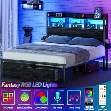 Furnulem Queen Bed Frame with Wood Headboard and Storage Shelf, Metal Platform Bed Frame Queen Size with Storage Drawers, LED Lights and Charging Station, No Box Spring Needed, Noise Free, Black - Image 3