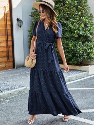MASCOMODA Women Boho Swiss Dot Maxi Dresses Wrap V Neck Flutter Short Sleeve Solid Tie Waist A Line Tiered Flowy Long Dress(Navy,X-Large) - Image 3