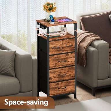 Furnulem Dresser for Bedroom, Tall Nightstand, Vertical Chest with Wood Top, Charging Station, LED Lights, 5 Fabric Bins, Bedside Table with Shelf, Furniture for Entryway (5 Drawer, Rustic Brown) - Image 4
