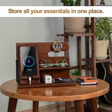 TESLYAR Wood Phone Docking Station for Men - Desktop or Nightstand Organizer - Birthday Gifts for Men, Dad - Anniversary Idea from Wife - Key Holder, Stand Wallet, Watch & Essentials (Chestnut) - Image 3