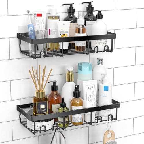 Moforoco Shower Caddy Shelf Organizer Rack, Self Adhesive Black Bathroom Shelves Basket, Home Farmhouse Wall Inside Organization and Storage Decor Rv Accessories, First Camper Apartment Essentials - Image 1