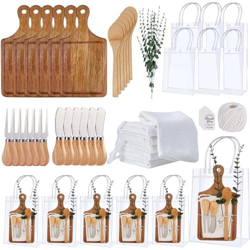 Baby Shower Prizes for Game Winners Bamboo Cheese Board Spoon Fork Butter Spreaders Plaid Towel Thank You Card and Gift Bags for Baby Shower Wedding Bridal Shower Favors (Acacia, 6 Sets) - Image 1