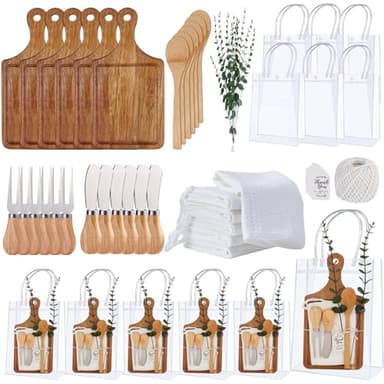 Baby Shower Prizes for Game Winners Bamboo Cheese Board Spoon Fork Butter Spreaders Plaid Towel Thank You Card and Gift Bags for Baby Shower Wedding Bridal Shower Favors (Acacia, 6 Sets) - Image 1