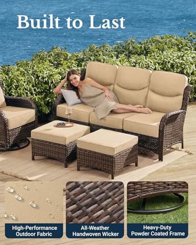 HILLGA Luxury Patio Furniture Set with 6-inch Thick Cushion, Outdoor Couch and High Back Swivel Rocker Patio Chairs, 7PCS Wicker Conversation Set for Deck Yard and Poolside, Beige (V2) - Image 5