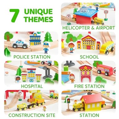 110PCS Wooden Train Set - Urban Journey, City Scene Railway Set with Magnetic Trains, Cars, Helicopter & Ship, Perfect Christmas Birthday Toy Gift for Kids Toddlers Boys Girls Ages 3-8 - Image 5
