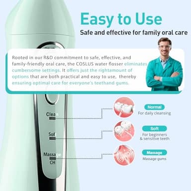 COSLUS Water Dental Flosser Teeth Pick: Portable Cordless Oral Irrigator 300ML Rechargeable Travel Irrigation Cleaner IPX7 Waterproof Electric Flossing Machine for Teeth Cleaning C20(F5020E) Green - Image 4