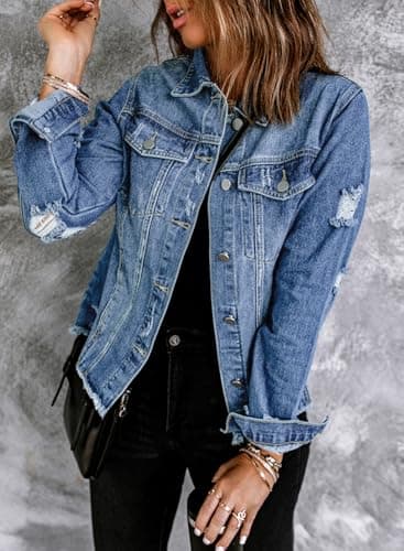 EVALESS Womens Trendy Ripped Distressed Jean Denim Jacket 2025 Fall Spring Pockets Front Slouchy Fray Hem Long Sleeve Coats,Iceland Blue Large - Image 4