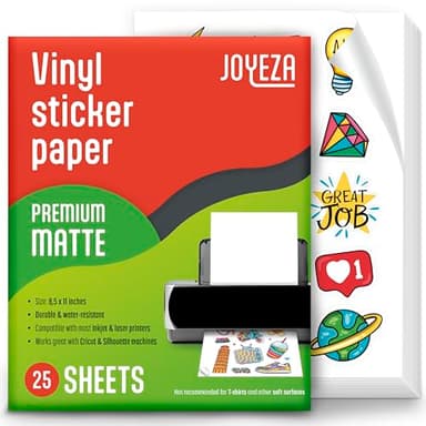 JOYEZA Premium Printable Vinyl Sticker Paper for Inkjet Printer - 25 Sheets Matte White Waterproof, Dries Quickly Vivid Colors, Holds Ink well- Tear Resistant - Inkjet & Laser Printer - Image 1