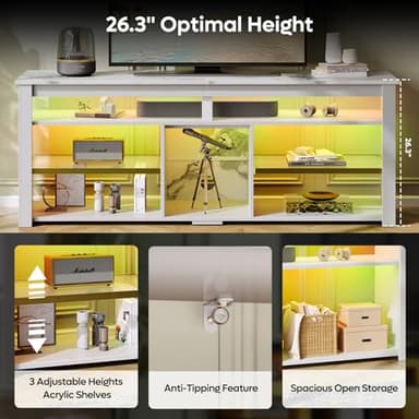 Bestier TV Stand for 70 inch TV, Tall Entertainment Center with 2 Led Lights, Gaming TV Console with Storage for PS5, Modern TV Cabinet for Bedroom, Living Room, White Marble - Image 6