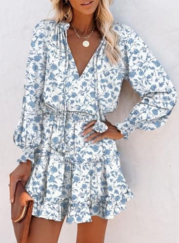 Dokotoo Sun Dresses for Women 2025 Vacation Deep V Neck Ruffle Tiered Chiffon Smocked Long Sleeve Elegant Boho Hawaiian Floral Dress Party Casual Beach Mini Short Fall Dresses Sundresses Large - Image 3