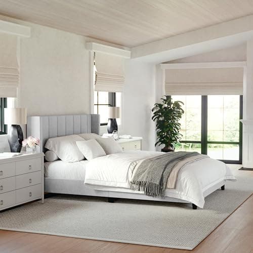 Martha Stewart Kay Low Profile Platform Bed with Wingback Headboard, Channel Stitched Faux Linen Upholstery, No Box Spring Needed, Queen, Gray - Image 1