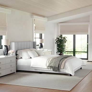 Martha Stewart Kay Low Profile Platform Bed with Wingback Headboard, Channel Stitched Faux Linen Upholstery, No Box Spring Needed, Queen, Gray - Image 1
