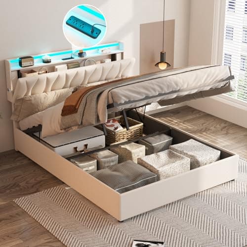 Full Size Lift Up Storage Bed Frame, Height Adjustable Storage Headboard with Charging Station, LED Lights Upholstered Platform Bed, Wooden Slat, No Box Spring Needed, Noise-Free, Beige - Image 1