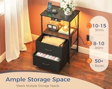 Casaottima Nightstand Set of 2 with Charger Station — USB Ports & Outlet, Bed SideTable with LED Lights, End Table with Fabric Drawers and Open Shelf, Bedside Table Night Stand for Bedroom, Black - Image 6