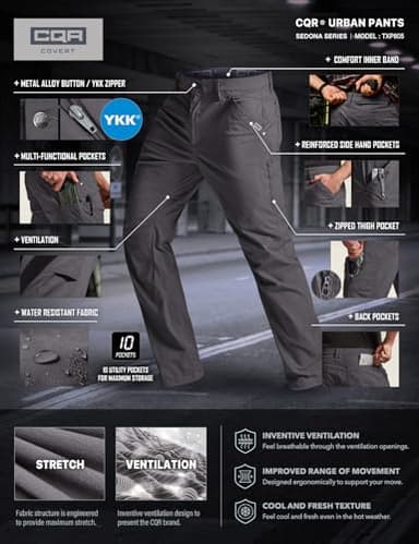 CQR Men's Vent Stretch Pants, Quick Dry Lightweight Casual Cargo Pants, Water Resistant Straight-Fit Utility Work Pants, Sedona Charcoal, 38W x 32L - Image 7