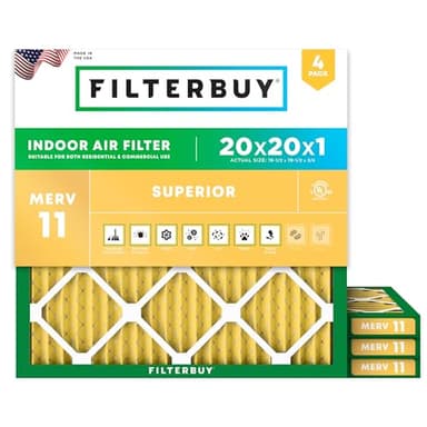 Filterbuy 20x20x1 Air Filter MERV 11 (MPR 1200) Allergen Defense Replacement (4-Pack), Electrostatic Pleated HVAC AC Furnace Filters, Made in USA (Actual Size: 19.50 x 19.50 x 0.75) - Image 1