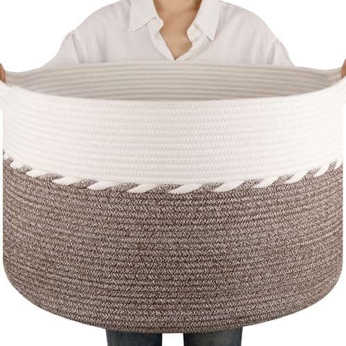 OIAHOMY 90L Blanket Basket for Living Room, Large Basket 23" x 23" x 13" with Handle, Laundry Hamper for Blankets, Pillows, Toy Storage for Kids, Dogs - Brown & White - Image 1