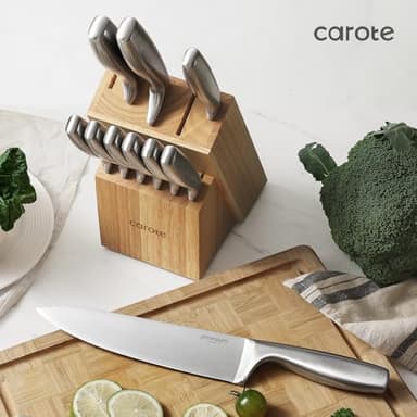 CAROTE 12 Pieces Knife Set, Stainless Steel Kitchen knife Set with Wooden Block, Block Knife Set with High Carbon Steel Blades, Razor-Sharp, Dishwasher Safe - Image 3