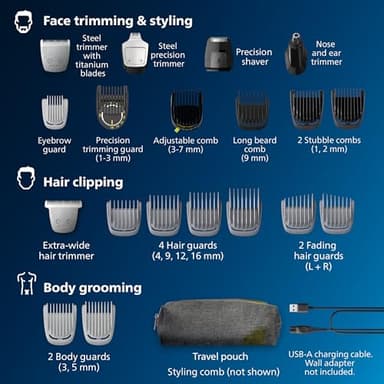 Philips Norelco Multigroom 7000 Series, All-in-One Trimmer, Beard Trimmer and Hair Clipper, 23-Piece Men's Grooming Kit for Beard, Face, Nose, Ear, Body, with Titanium Blades, Travel Pouch, MG7970/49 - Image 2