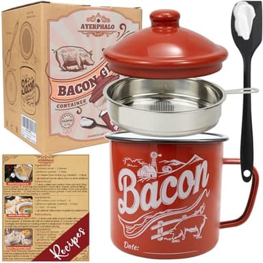 Ayerphalo Bacon Grease Container with Strainer - With Food-Grade Silicone Spatula, 46oz Large Enamel Rustic Farmhouse Fat Container, Keeper, Recipes, Dishwasher Safe - Image 1