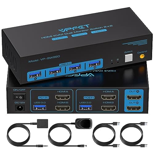 HDMI KVM Switch 2 Monitors 2 Computers 4K@60Hz USB 3.0 Dual Monitor KVM Switch 2 Ports for 2 PC Share 2 Screens and 4 USB Devices for Keybord Mouse Printer with Desktop Controller - Image 1
