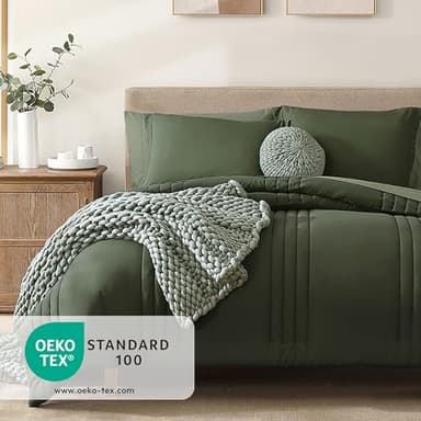 Monbix Queen Comforter Set - 7 Pieces Olive Green Bed in a Bag Queen Bedding Sets with Comforters, All Seasons Down Alternative Comforter Bed Set with Sheets, Pillowcases & Shams - Image 3