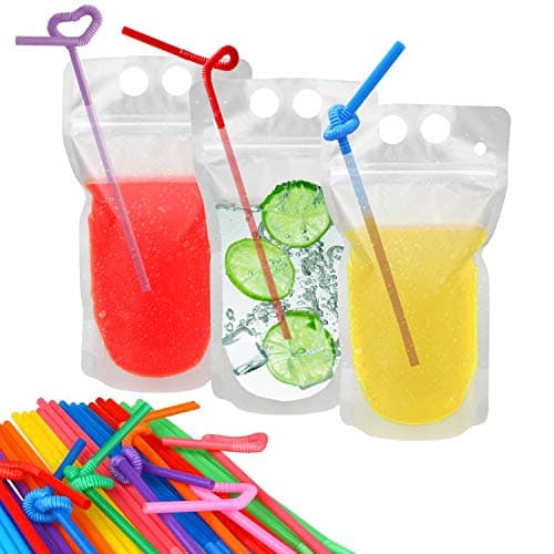 100 Pcs Drink Pouches with 100 Straw Holes, Freezable Juice Pouches, Translucent Reclosable Zipper Plastic Pouche Drink Bags for Cold & Hot Drinks for Adults and Kids - Image 1