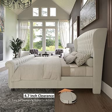 AMERLIFE King Size Platform Bed Frame, Chenille Upholstered Sleigh Bed with Scroll Wingback Headboard & Footboard/Button Tufted/No Box Spring Required/Cream - Image 8