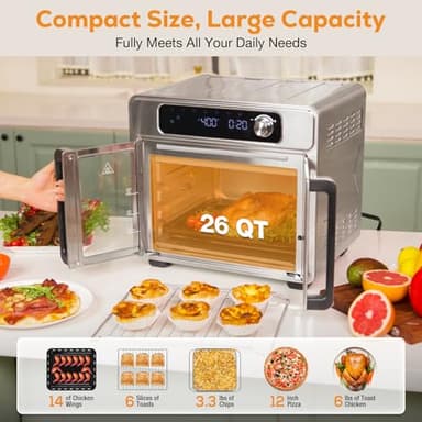 Romswi 26QT French Door Air Fryer Toaster Oven Combo, 24 Cooking Functions and Digital Controls, Fits 12" Pizza, 6 Slices of Toast, Rotisserie 6lb Chicken, 6 Accessories Included - Image 5