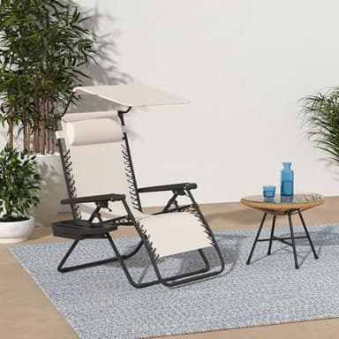 Best Choice Products Folding Zero Gravity Outdoor Recliner Patio Lounge Chair w/Adjustable Canopy Shade, Headrest, Side Accessory Tray, Textilene Mesh - Ivory - Image 2