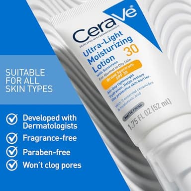 CeraVe Ultra-Light Moisturizing Lotion With SPF 30, Daily Face Moisturizer with SPF, Formulated with Hyaluronic Acid & Ceramides, Broad Spectrum SPF, Oil Free, Matte Finish, 1.7 Ounce - Image 4